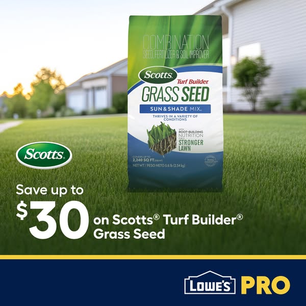 This image ad for Scotts Turf Builder Grass Seed promotes a discount offer at Lowe's Pro, emphasizing its suitabilit