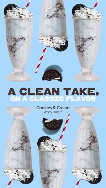 This ad is for a cookies and cream whey protein isolate. The ad uses a light blue background and repeats the image of a 