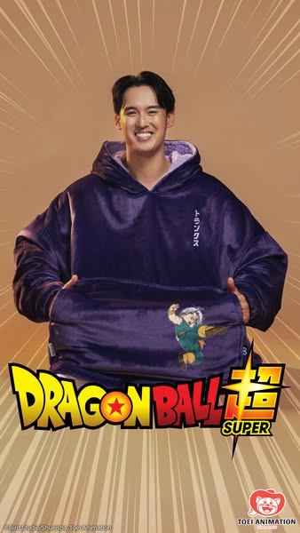 This ad features a person modeling The Comfy wearable blanket in a Dragon Ball Z style. The ad emphasizes the character 