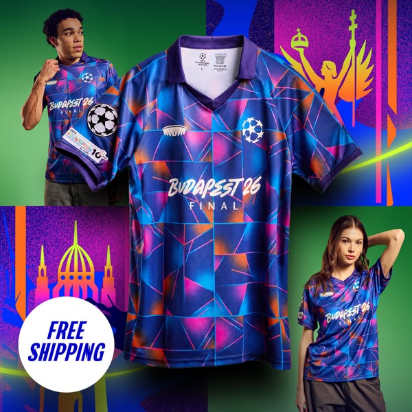 This ad promotes soccer jerseys, specifically those commemorating the Budapest 26 Final. The ad features two people wear