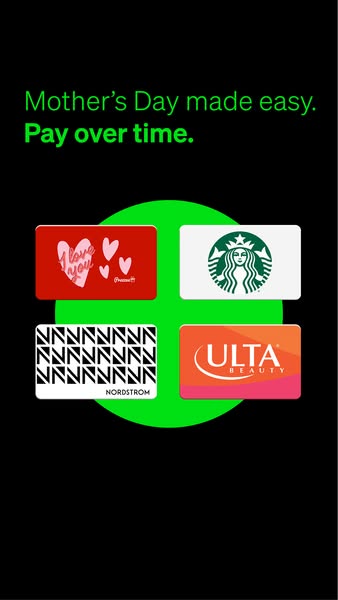 This ad promotes using the company's pay over time service to purchase gift cards for Mother's Day. It features
