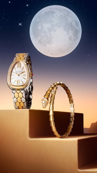 This ad showcases jewelry including a watch and bracelet from the brand Bvlgari. The products are staged on a geometrica