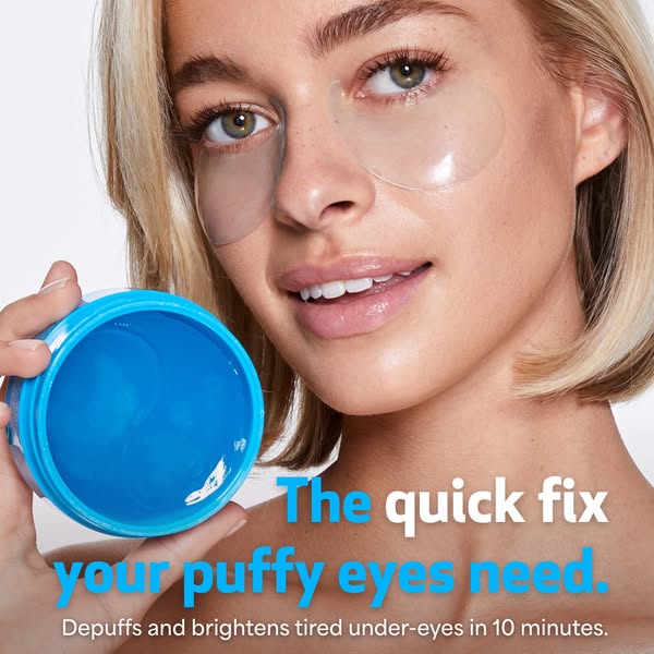 This ad highlights the benefits of using eye patches to combat puffy under-eyes by communicating that they depuff and br