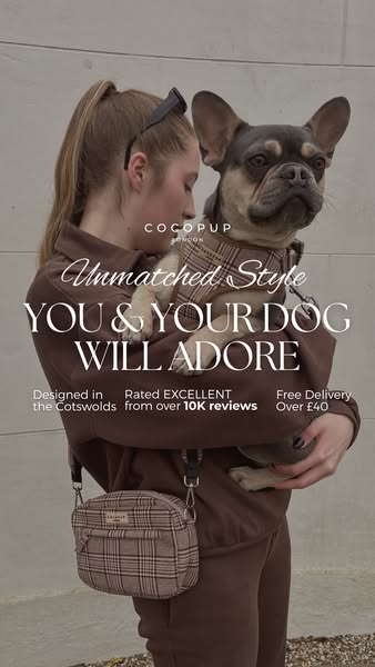 This ad features a person holding a dog. Both are wearing matching Cocopup accessories in a complimentary plaid pattern.