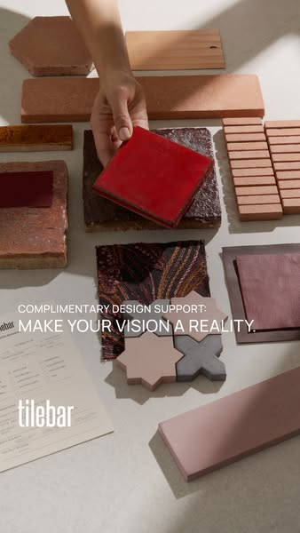 This ad showcases various Tilebar tiles and mentions their complimentary design support.