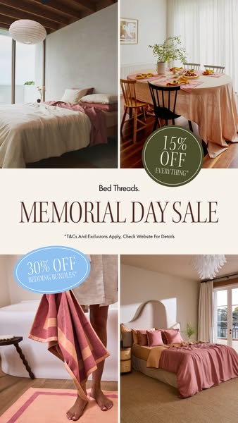 This ad for Bed Threads features a grid-style layout promoting the Memorial Day sale with offers on everything and beddi