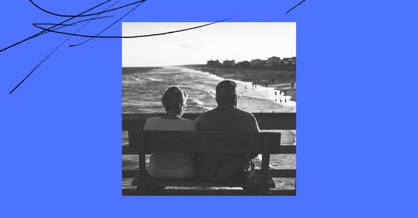 This image ad features a black and white photo of an elderly couple sitting on a bench at the beach, promoting a feeling