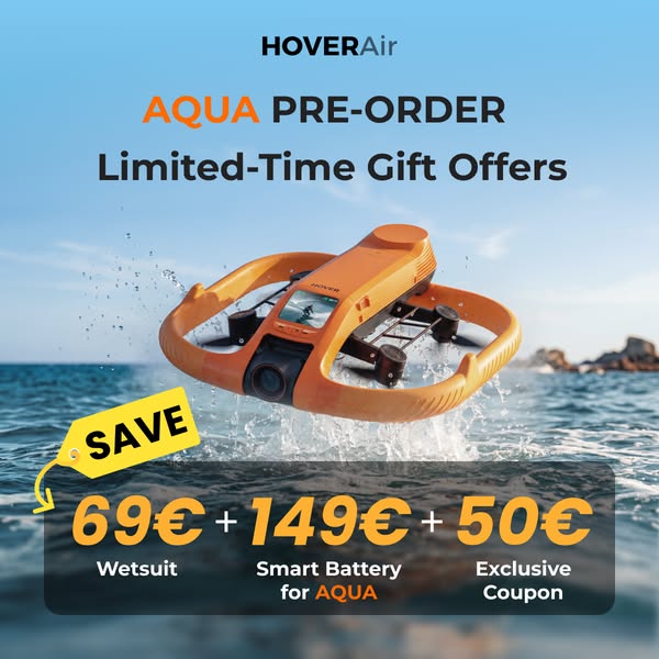This image ad showcases the HoverAir Aqua drone with a limited-time pre-order offer. The ad highlights a special package