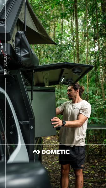 This ad showcases the Dometic NRX Series upright fridge being used in an outdoor setting. The ad highlights the product&