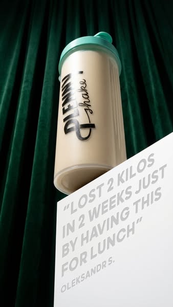 This ad features a Plenny Shake product and uses a customer testimonial to highlight the product's weight loss benef