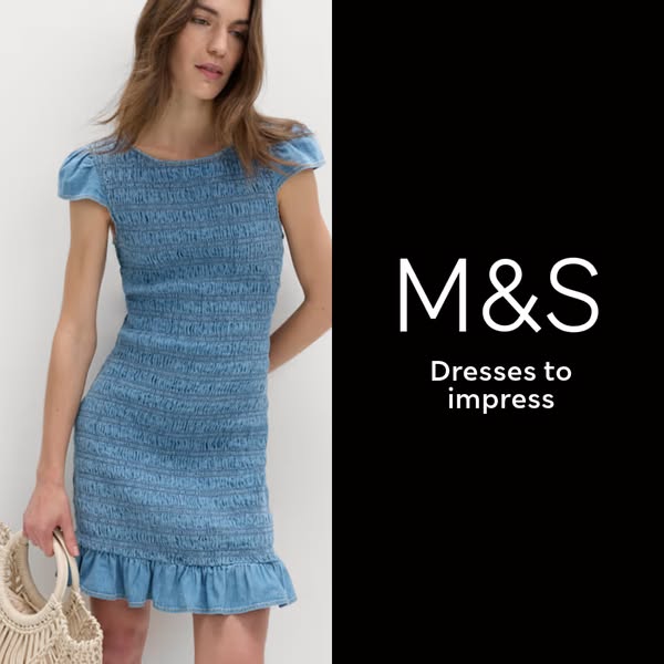 This image ad for M&S showcases a blue denim dress, promoting its fashionable appeal. The design is clean and modern