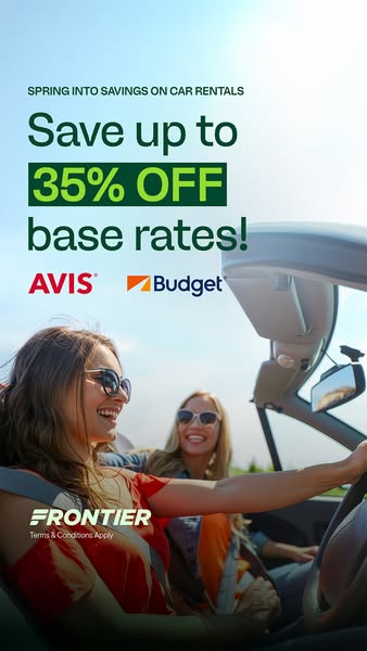 This ad promotes a car rental discount offer from Frontier, highlighting savings of up to 35% off base rates with Avis a