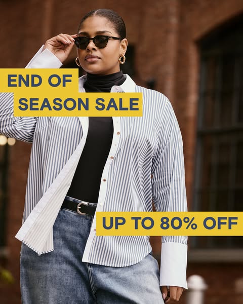 A stylish ad showcasing an end-of-season sale, featuring a model wearing a striped shirt and jeans.