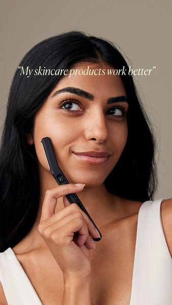 This ad features a woman endorsing a skincare product, specifically a facial razor. She highlights how the product enhan