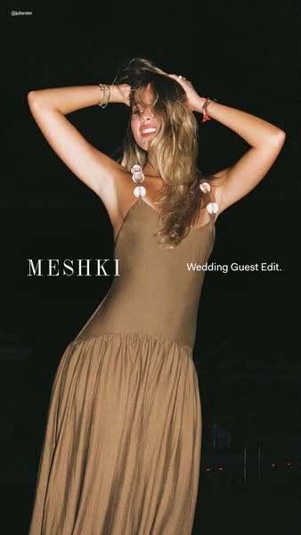 This Meta image ad showcases a light brown maxi dress from the brand Meshki, promoting their Wedding Guest Edit collecti