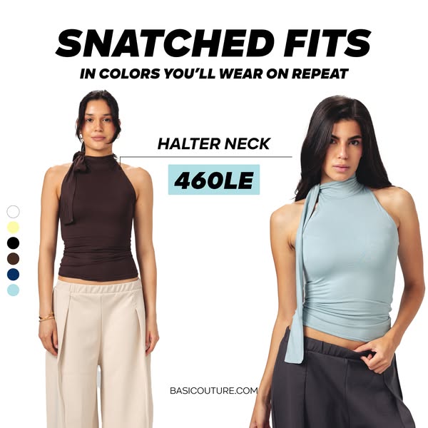 This ad for BASICOUTURE focuses on their halter neck top, showing the product worn in different colors. The ad aims to h