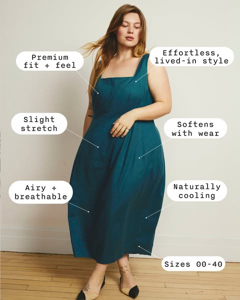 This image ad highlights the features and benefits of a women's dress.