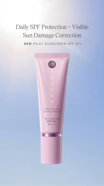 This ad features a close-up shot of Tatcha's The Milky Sunscreen. The text highlights the sunscreen's ability to