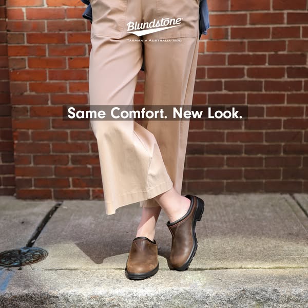 This ad showcases Blundstone clogs, emphasizing their comfort and updated style, appealing to consumers who value both.