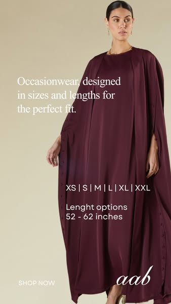 This image ad showcases a fashionable abaya by AAB, emphasizing the brand's commitment to providing modest occasionw