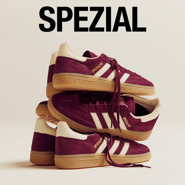 This ad showcases stacked pairs of Adidas Spezial shoes on a light background. The Adidas brand is prominently featured,