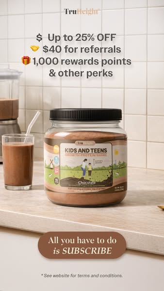 This image ad promotes TruHeight's growth protein shake for kids and teens, highlighting subscription benefits and r