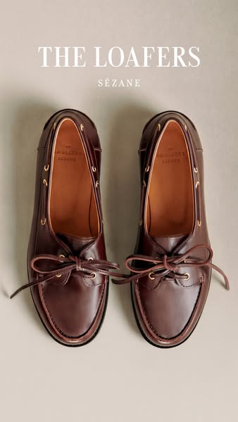 This ad features two brown loafers with laces on a neutral background and promotes the brand Sézane.