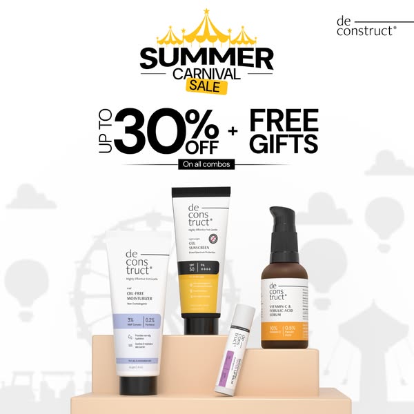 This ad for de-construct promotes a summer carnival sale offering up to 30% off and free gifts on all combos. The ad fea