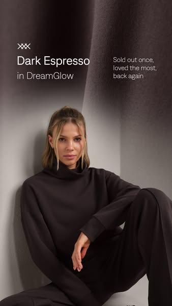 This image ad showcases a woman wearing a matching top and pants in dark espresso. The product, which is part of the Dre
