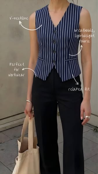 An ad showcasing a navy blue pinstripe vest. The vest is described via call-outs to its v-neckline, breathable lightweig