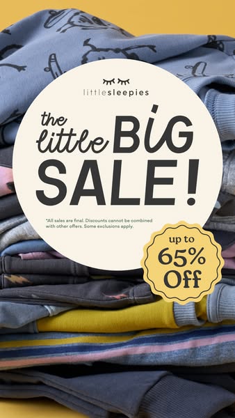 This ad is for Little Sleepies and highlights a sale of up to 65% off.