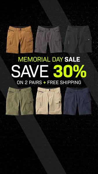 This image ad promotes a Memorial Day sale on the brand's shorts. The ad features 6 different color variations of th