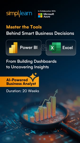 The ad promotes Simplilearn's AI-Powered Business Analyst course in collaboration with Microsoft Azure, emphasizing 
