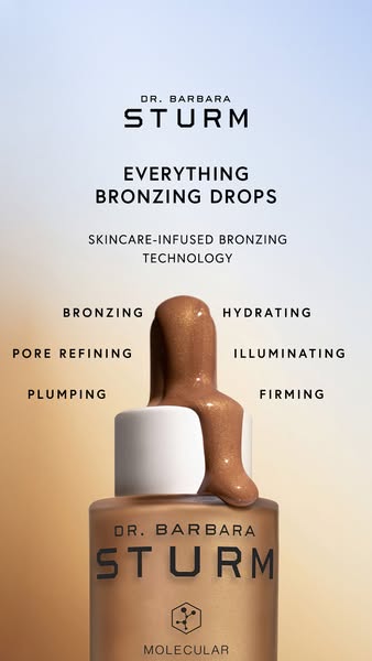 An image ad for Dr. Barbara Sturm Everything Bronzing Drops. The ad highlights its skincare benefits and bronzing techno