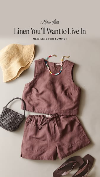 This ad showcases a linen set from Marine Layer, suggesting it is perfect for summer and comfortable enough to live in. 