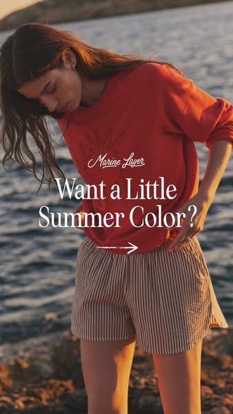 An ad for Marine Layer featuring a woman wearing a red Marine Layer sweatshirt and striped shorts. The text overlay asks