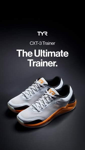 This ad features a hero shot of the TYR CXT-3 Trainer, emphasizing its status as 'The Ultimate Trainer.' The vis