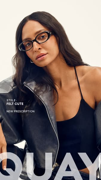 An image ad for Quay eyewear featuring a woman wearing black oval glasses. The ad promotes the 'Felt Cute' style