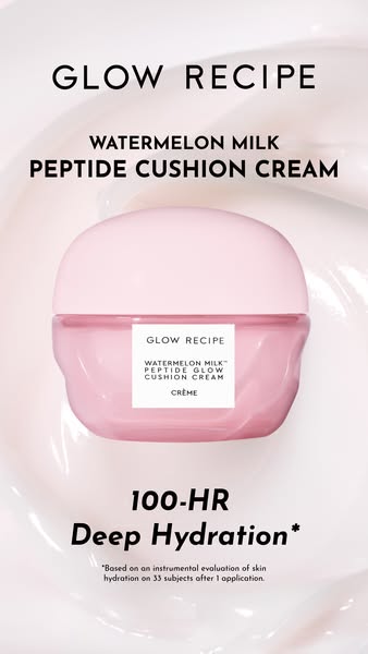 This image ad showcases Glow Recipe's Watermelon Milk Peptide Cushion Cream. The ad emphasizes the product's abi