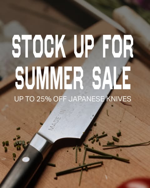 An image promoting a summer sale on Japanese knives, offering up to 25% off.
