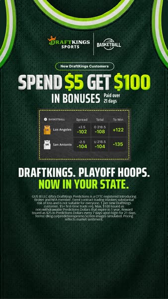 This ad for DraftKings promotes a limited-time offer for new customers to get $100 in bonuses when they spend $5. The ad
