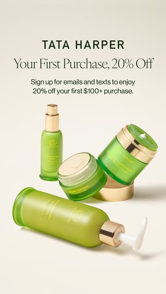 This Tata Harper ad showcases a selection of skincare products and offers a 20% discount on the viewer's first purch