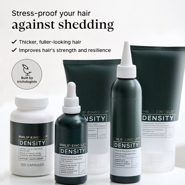 This image ad promotes Philip Kingsley Density products for thicker, fuller-looking hair and improved hair strength and 