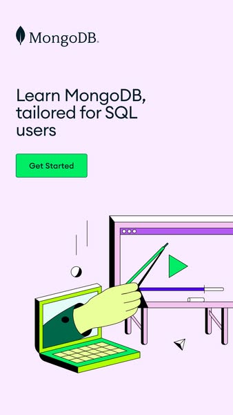 This ad promotes MongoDB, a database platform, and is tailored for SQL users. The ad features a laptop with a hand reach