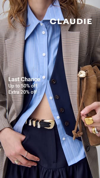 This image ad showcases a layered clothing ensemble from Claudie, highlighting the brand's aesthetic. The ad promote
