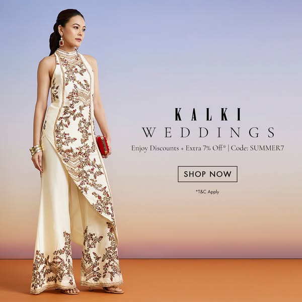 This image ad is for Kalki Weddings and advertises a discount of an extra 7% off with code SUMMER7.