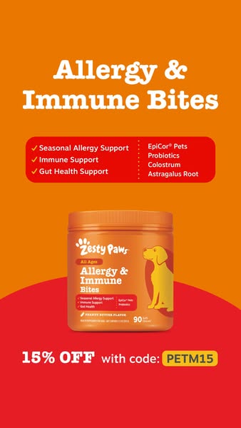 This image ad for Zesty Paws 'Allergy & Immune Bites' promotes seasonal allergy, immune, and gut health supp