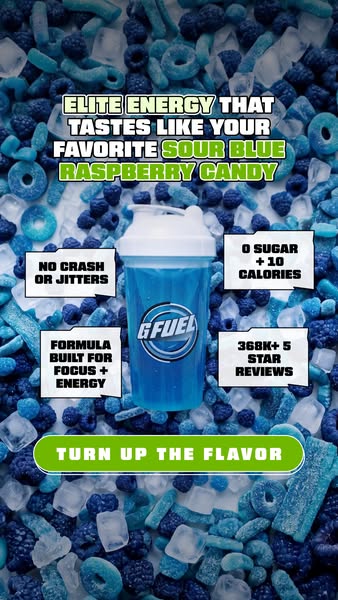 The image promotes GFUEL, an elite energy formula that tastes like sour blue raspberry candy. It highlights the formula&