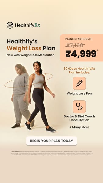 The ad promotes HealthifyRx's weight loss plan that now includes weight loss medication. It shows an image of a pers