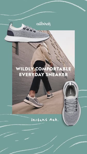 This ad showcases the Allbirds Everyday Sneaker through a lifestyle shot of someone walking in them. The ad highlights t